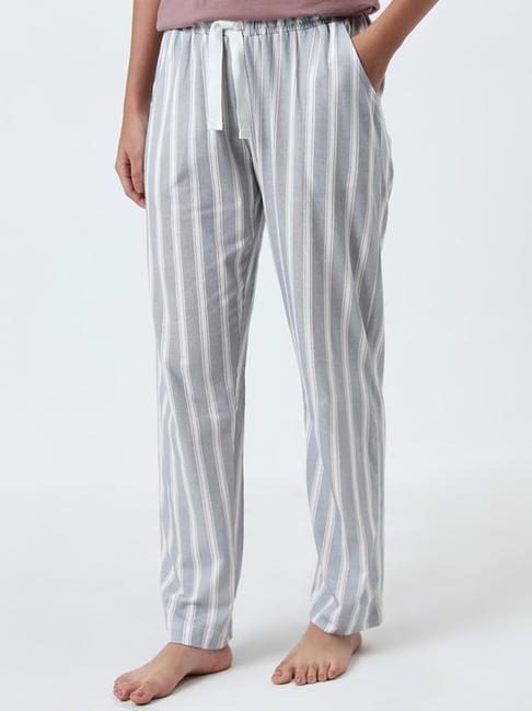 wunderlove by westside grey striped high-rise cotton lounge pants