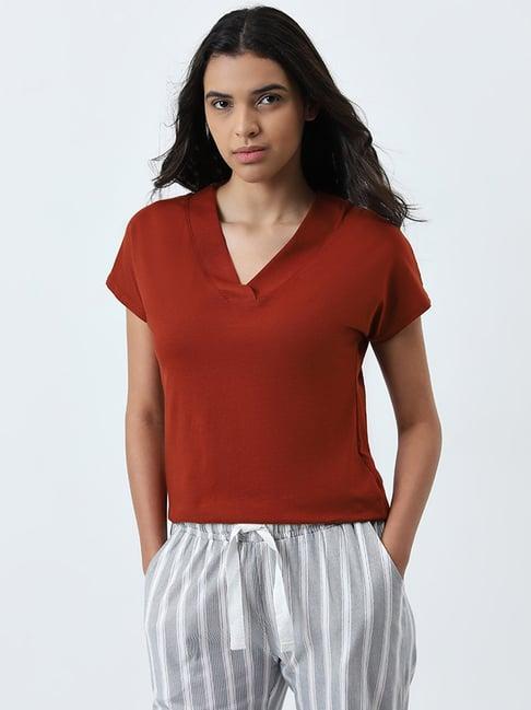 wunderlove by westside rust solid v-neck cotton lounge top