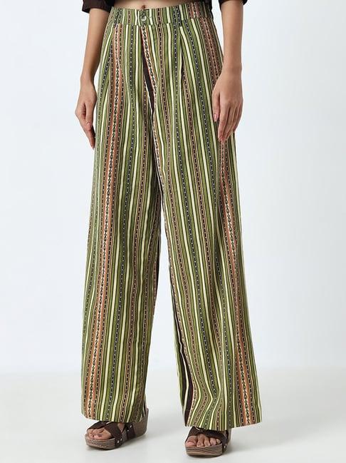 bombay paisley by westside green striped high-rise cotton blend pants