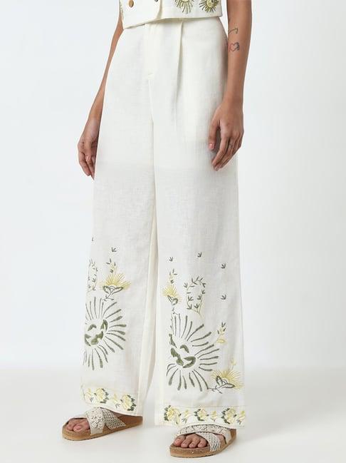 bombay paisley by westside ivory floral high-rise cotton blend pants