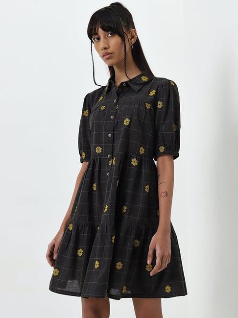 bombay paisley by westside black embroidered tiered cotton shirt dress