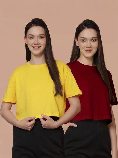 friskers yellow & maroon cotton cropped t-shirt - pack of 2