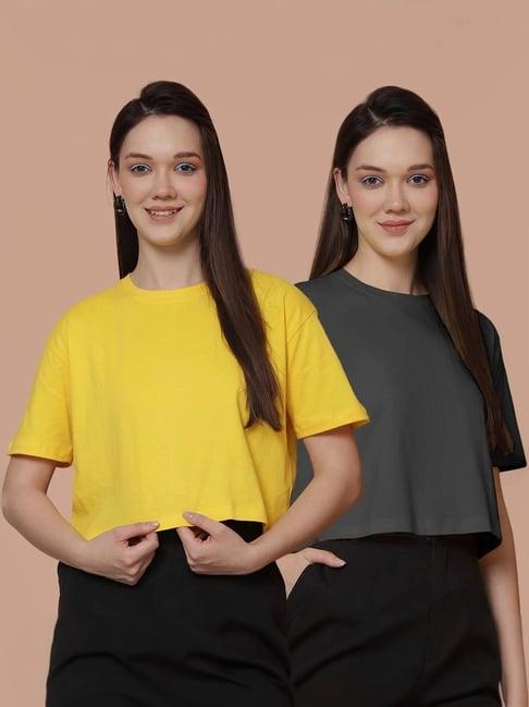 friskers yellow & grey cotton cropped t-shirt - pack of 2