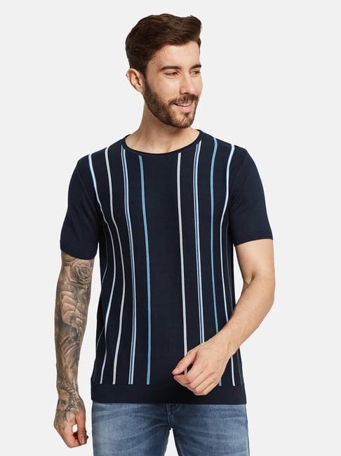 mettle light navy cotton regular fit striped t-shirt