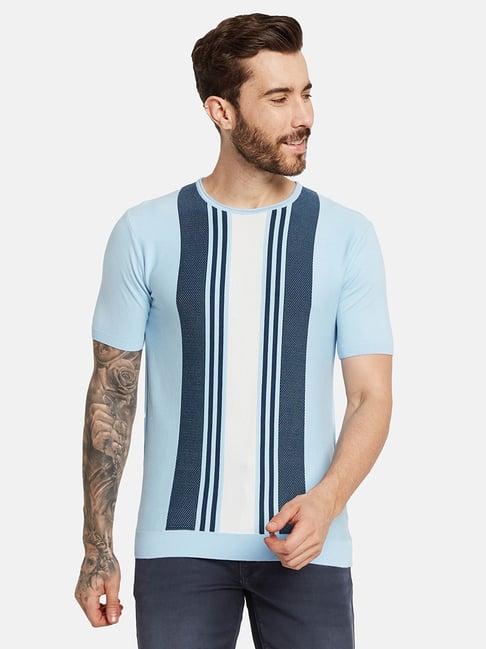 mettle blue cotton regular fit striped t-shirt