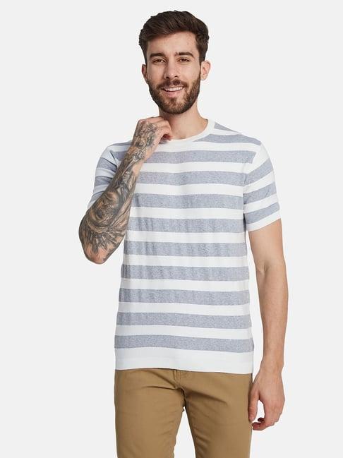 mettle grey melange cotton regular fit striped t-shirt