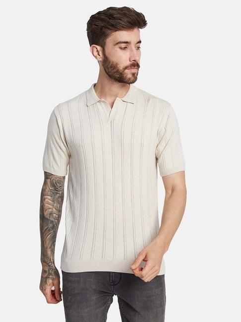 mettle cream cotton regular fit striped polo t-shirt