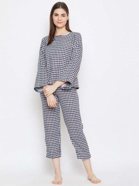 the kaftan company blue cotton chequered top pyjamas set