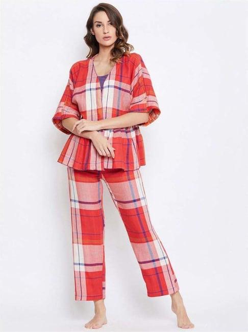 the kaftan company red cotton chequered top pyjamas set