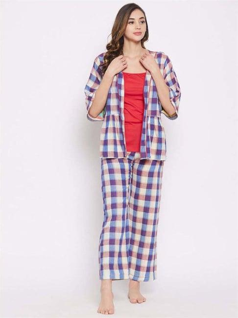 the kaftan company blue cotton chequered top pyjamas set