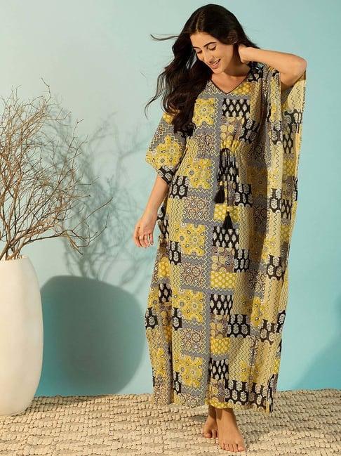 the kaftan company yellow cotton printed kaftan