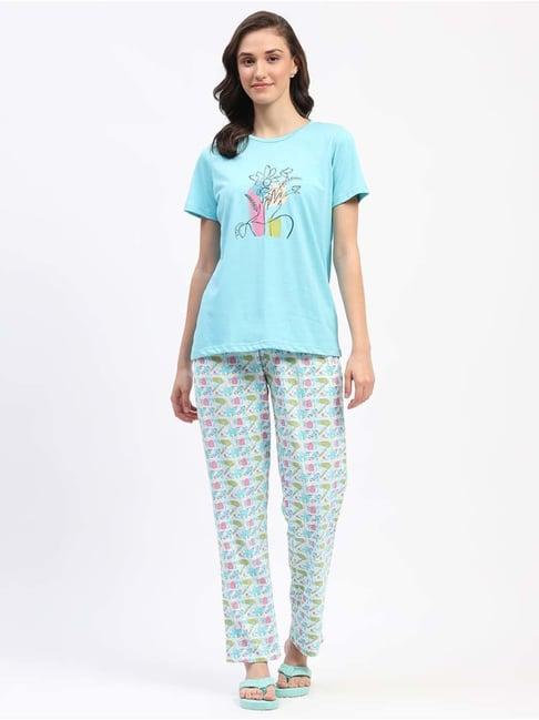 madame m secret blue cotton printed t-shirt pyjamas set