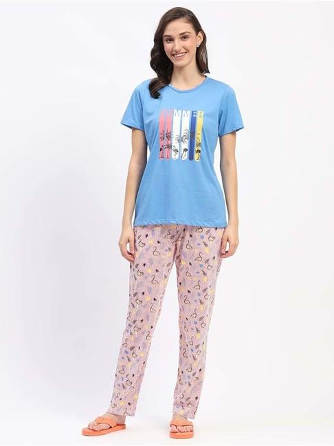 madame m secret blue cotton printed t-shirt pyjamas set