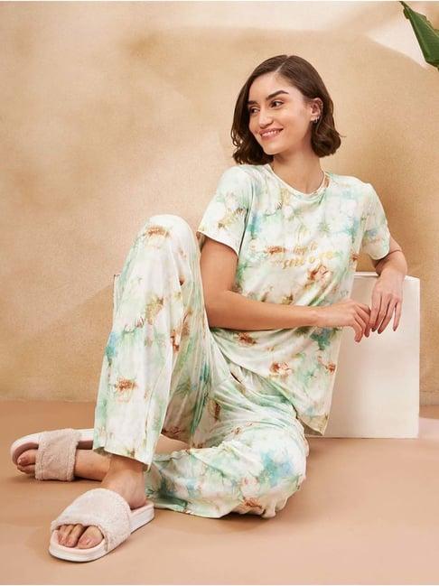 madame m secret green printed t-shirt pyjamas set