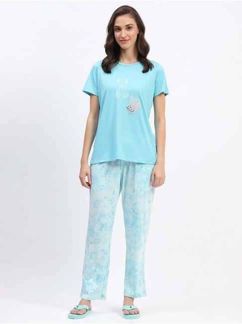 madame m secret blue cotton printed t-shirt pyjamas set