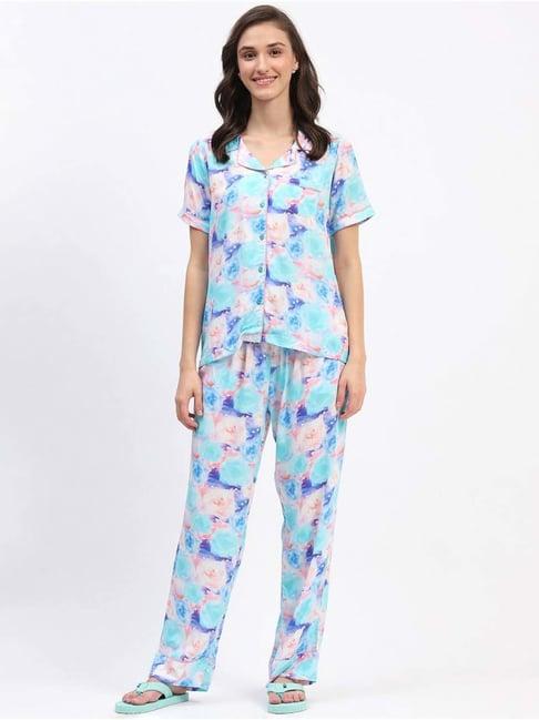 madame m secret blue printed shirt pyjamas set