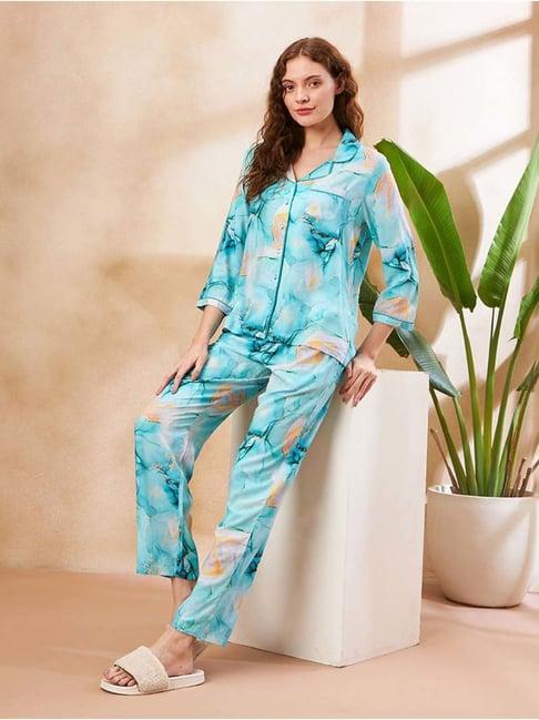 madame m secret blue printed shirt pyjamas set