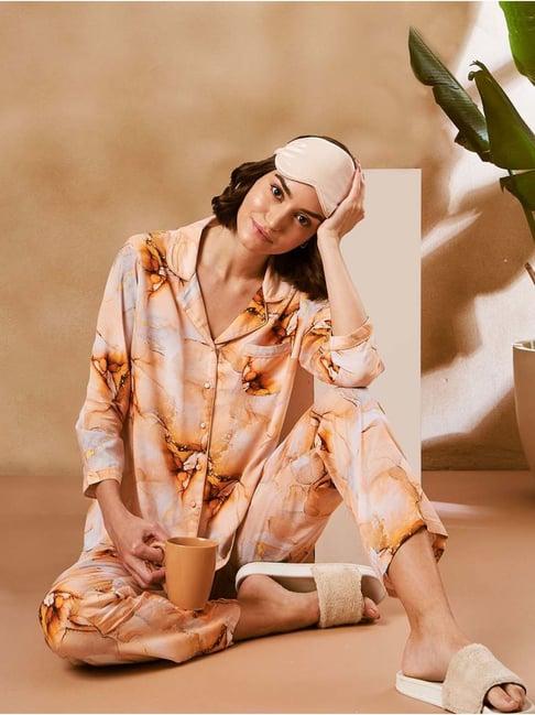 madame m secret orange printed shirt pyjamas set