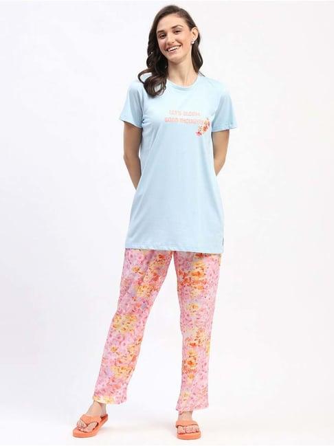 madame m secret blue & pink printed t-shirt pyjamas set