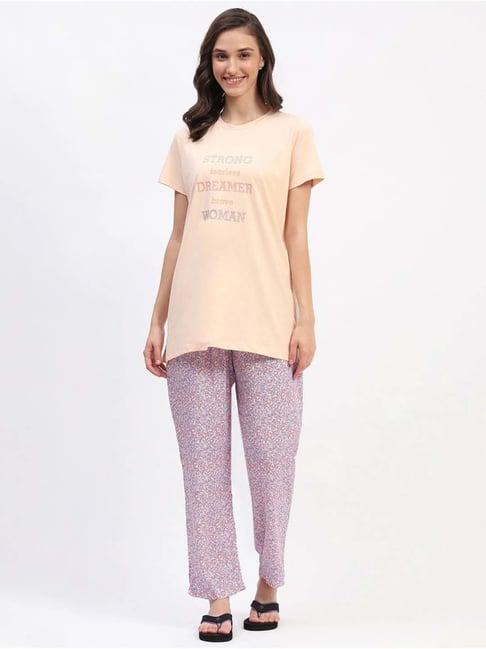 madame m secret peach & purple printed t-shirt pyjamas set