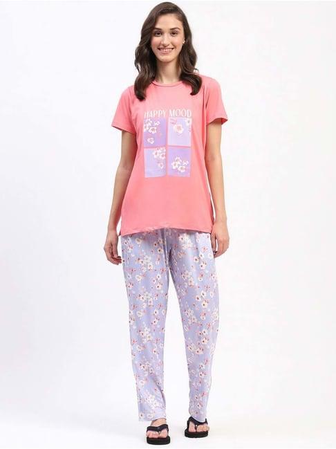 madame m secret coral & purple printed t-shirt pyjamas set