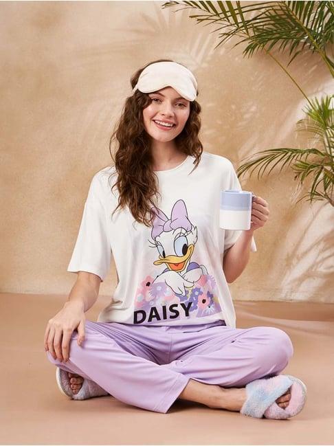 madame m secret white & purple cotton printed t-shirt pyjamas set