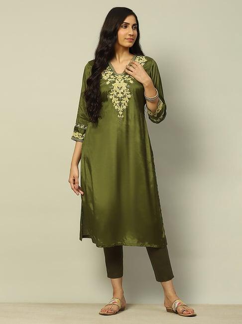 rangriti olive embroidered straight kurta