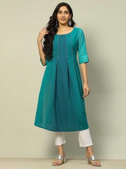 rangriti turquoise printed flared kurta