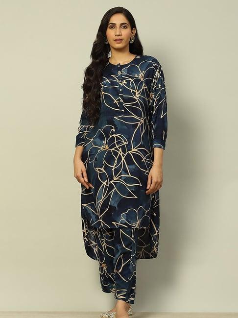 rangriti navy printed kurta pant set