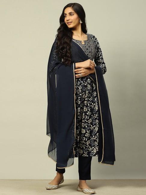 rangriti indigo blue embroidered kurta with pant & dupatta