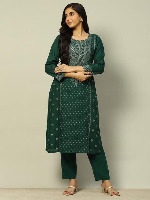 rangriti dark green printed kurta pant set