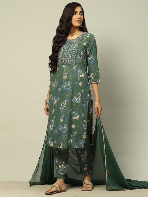 rangriti green floral print kurta with pant & dupatta