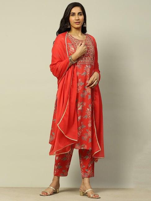 rangriti red floral print kurta with pant & dupatta