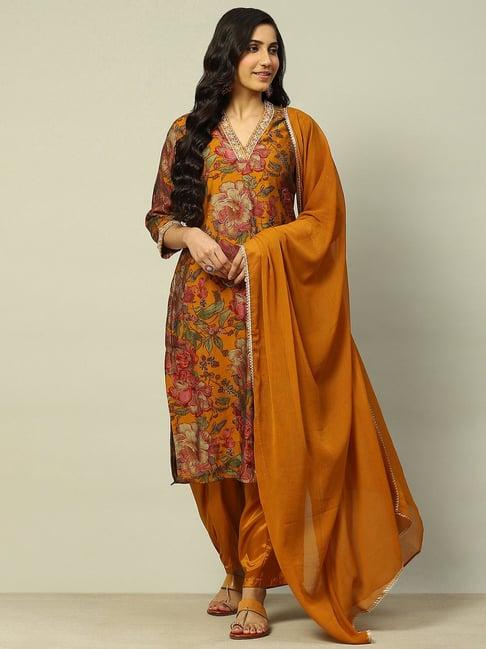 rangriti mustard floral print kurta with salwaar & dupatta