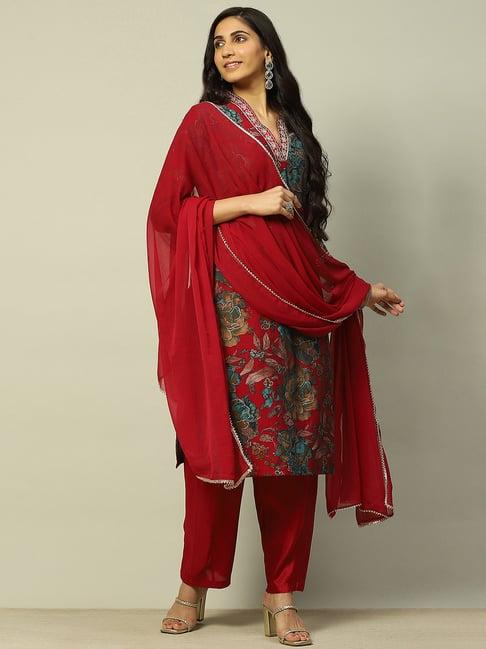 rangriti burgundy floral print kurta with salwaar & dupatta