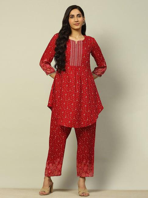 rangriti red printed kurta pant set