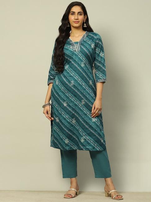 rangriti teal printed kurta pant set