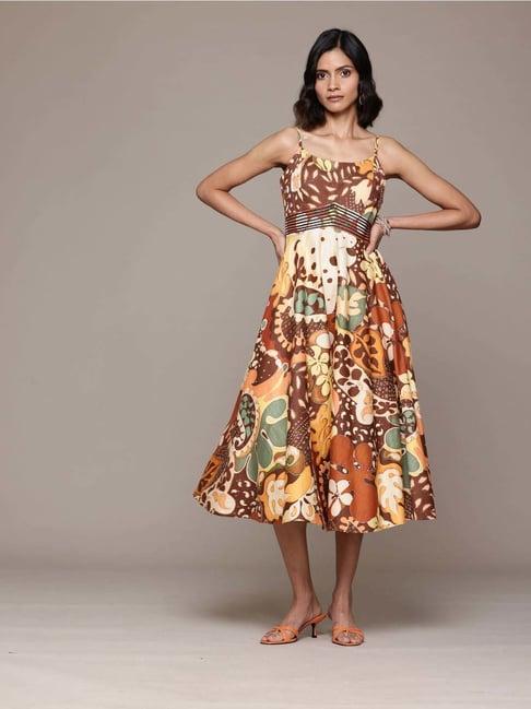 label ritu kumar brown cotton printed a-line dress