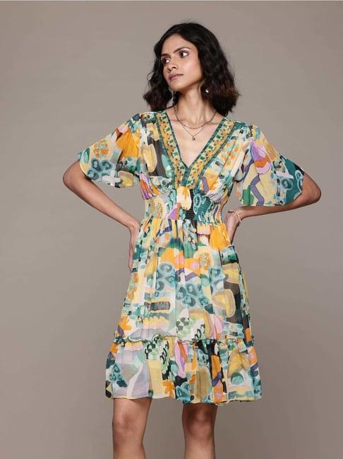 label ritu kumar green printed a-line dress