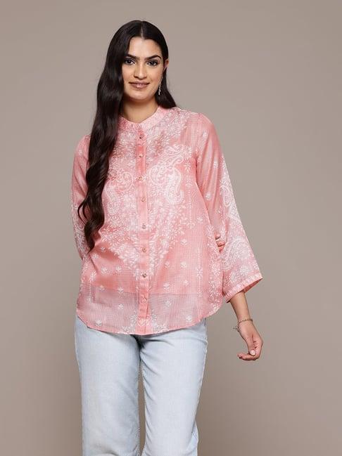 aarke ritu kumar peach polyster full sleeve shirt