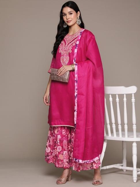 aarke ritu kumar magenta polyster embroidered kurta with sharara and dupatta set