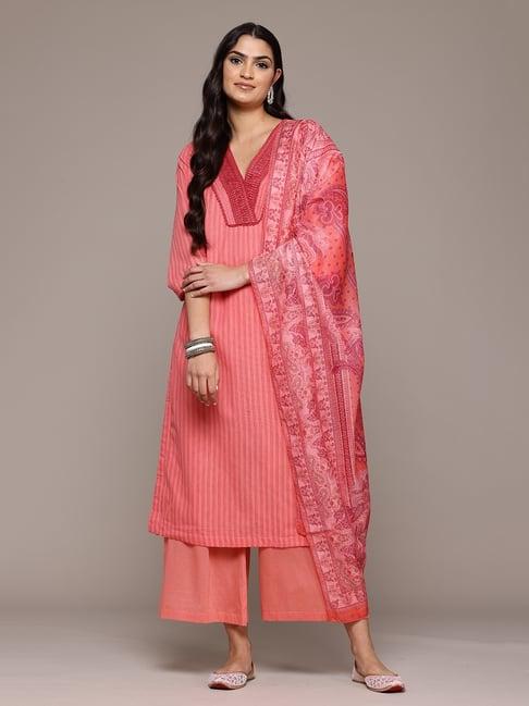 aarke ritu kumar coral cotton dobby kurta with pant and dupatta set