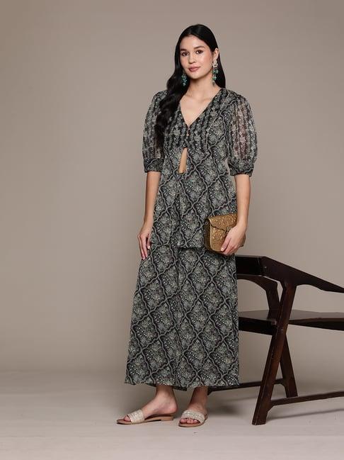 aarke ritu kumar black chiffon printed kurti with palazzo set