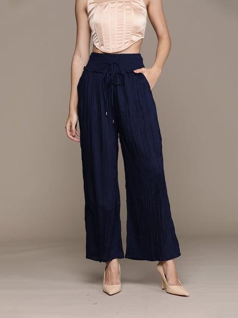 label ritu kumar navy blue cotton blend solid wide leg pant