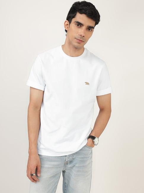 andamen white regular fit solid crew neck t-shirt