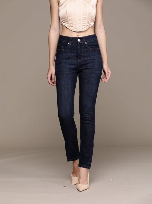 label ritu kumar indigo mid rise solid denim jeans