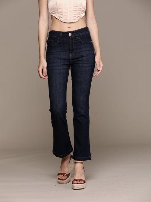 label ritu kumar indigo mid rise solid bell bottom denim jeans