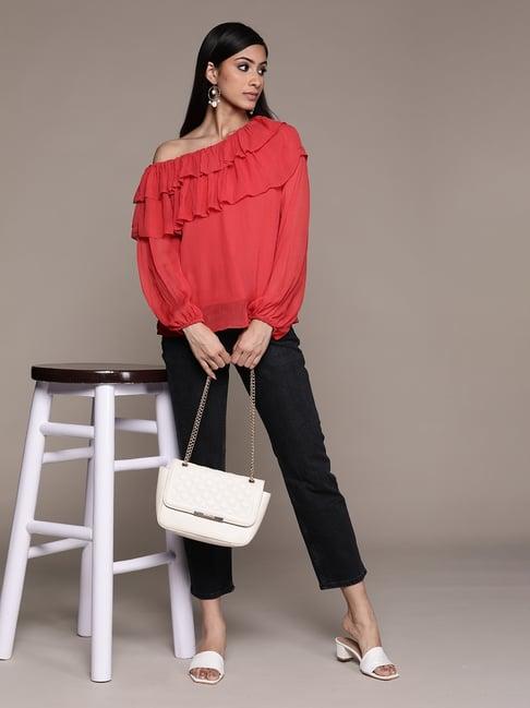 label ritu kumar brick red solid ruffled one shoulder top