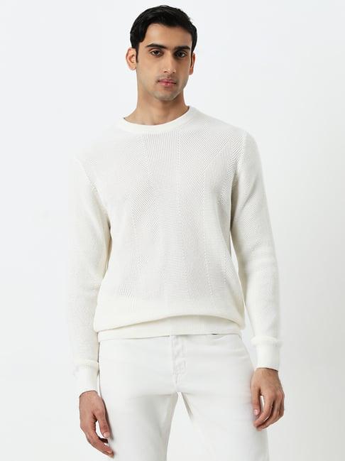 ascot by westside off-white knitted relaxed-fit cotton sweater