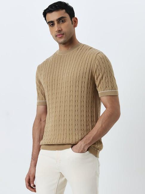 ascot by westside beige knit-textured relaxed-fit cotton t-shirt